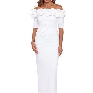 Xscape White Off-The-Shoulder Formal Evening Gown with Ruffle